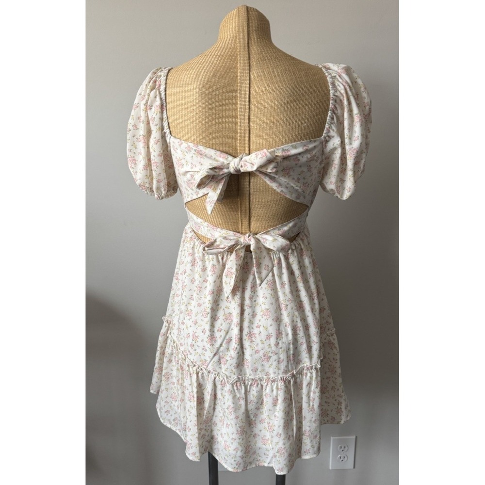 Altar'd State White Ditsy Floral Mini Dress Tie Bow Back Cottagecore  Sz Small S